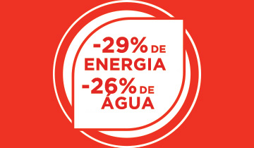 A imagem mostra os icones de agua e energia. Reducao de consumo: -29% de energia e -26% de agua