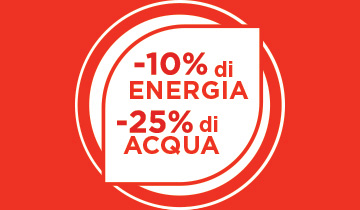 L'immagine mostra icone acqua e energia: risparmio 25% di acqua e il 0% di energia