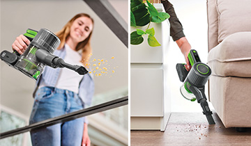 The image shows a girls who uses the portable cleaner of Polti Forzaspira D-Power SR500 on different surfaces