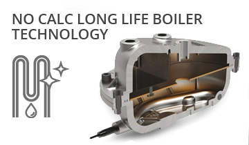 The image shows the Polti La Vaporella XM84C's boiler: No calc long life boiler technology