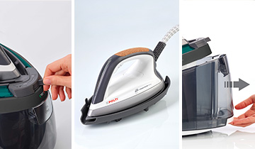 The image shows the iron lock, the removable rest and the removable tank of Polti La Vaporella XT120C