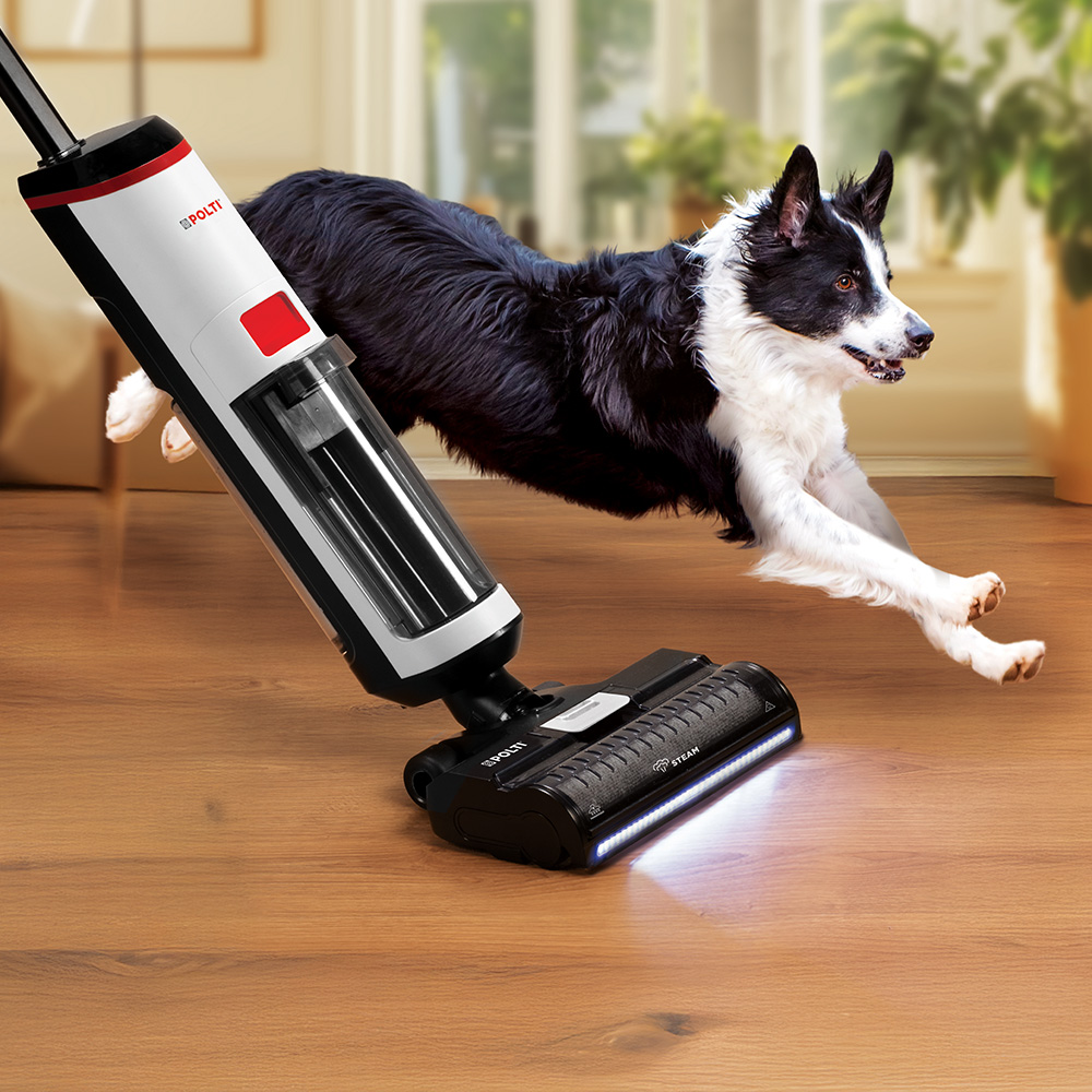 Polti Rollysteam con un cane in un salotto