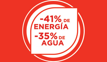 La imagen muestra los iconos de agua y energía. Consumo reducido con Polti La Vaporella XM84C: -35% de energía y -41% de agua.