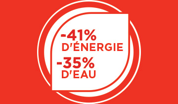 L'image montre des icônes d'eau et d'énergie. Consommation réduite avec Polti La Vaporella XM84C : -35% d'énergie et -41% d'eau