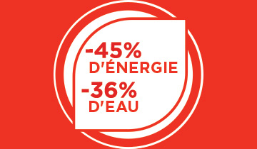 L'image montre une icône d'eau et d'énergie : -36 % et -45 %.