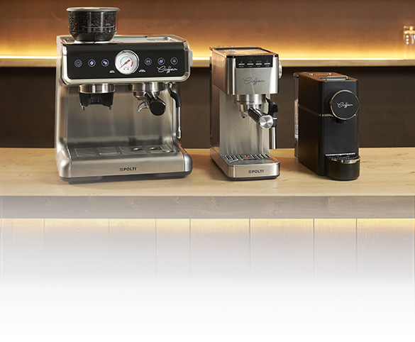 La imagen muestra las tres cafeteras Polti Coffea 