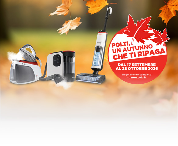 L'immagine mostra alcuni prodotti Polti in un ambiente autunnale